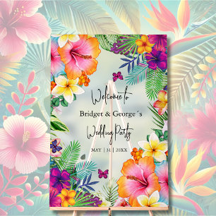 Panneau En Acrylique Signe de bienvenue de mariage tropical floral givr