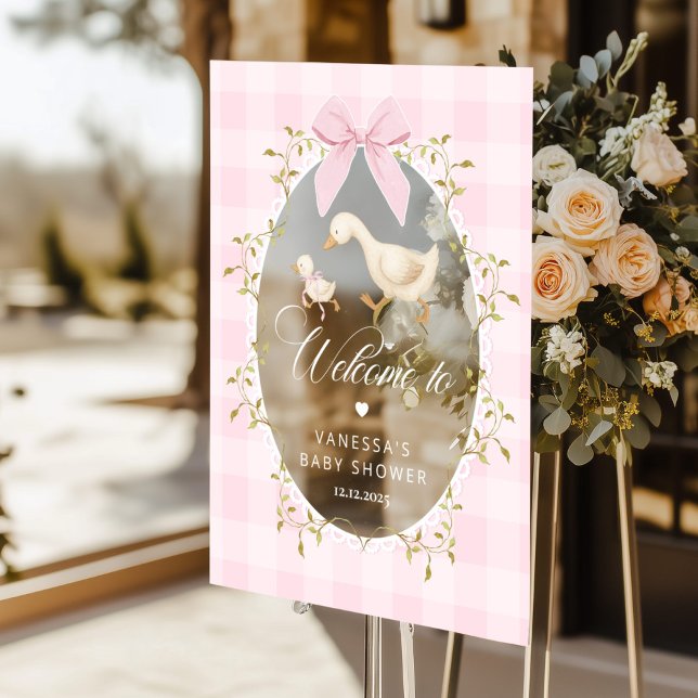 Panneau En Acrylique Silly Goose Pink Gingham Baby Shower Welcome (Créateur téléchargé)