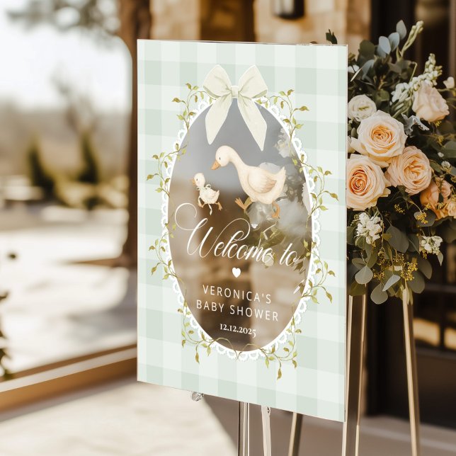 Panneau En Acrylique Silly Goose Sage Gingham Baby Shower Welcome (Créateur téléchargé)