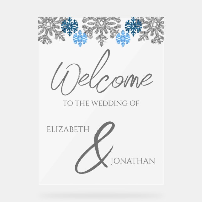 Panneau En Acrylique Silver Blue Snowflakes Mariage d'hiver (Recto)