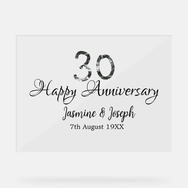 Panneau En Acrylique Silver Metallic 30th Happy anniversaire ajouter no (Recto)