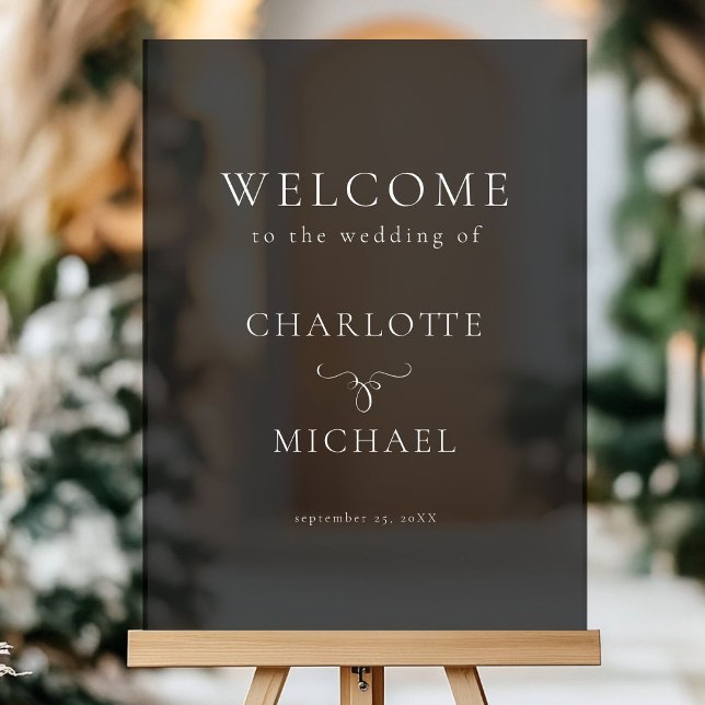 PANNEAU EN ACRYLIQUE SIMPEL, ÉLÉGANT, MARIAGE "BIENVENUE" (SIMPEL, ELEGANT, "WELCOME" BLACK WEDDING ACRYLIC SIGN with your names and date.)