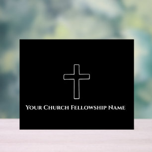 Panneau En Acrylique Simple Black White Cross Outline Church Pasteur