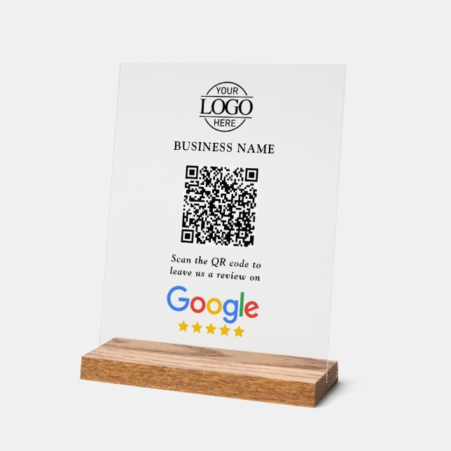 Panneau En Acrylique Simple Custom Google Reviews QR Code Business Logo (Angle)