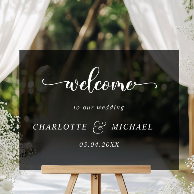 Panneau En Acrylique Simple, élégant, mariage (Elegant Simpel Weddings Acrylic "Welcome" Sign, black transparent, with your names & date.)