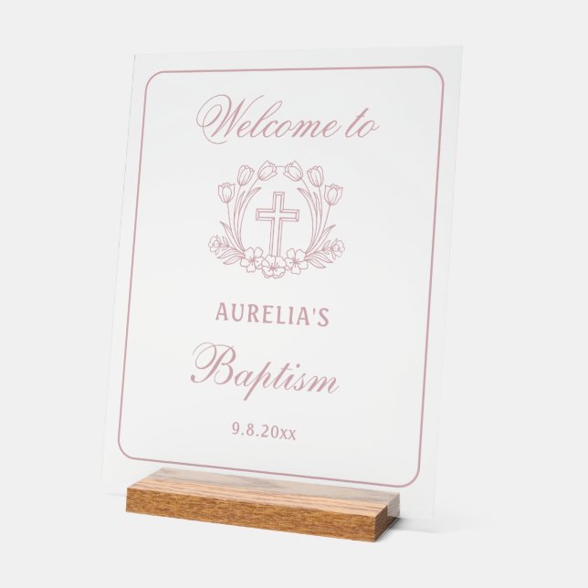 Panneau En Acrylique Simple Floral Pink Cross Baptism Bienvenue (Angle)