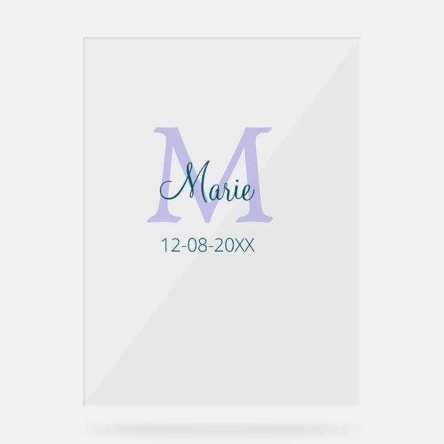Panneau En Acrylique simple minimum ajouter nom monogramme violet vert  (Recto)