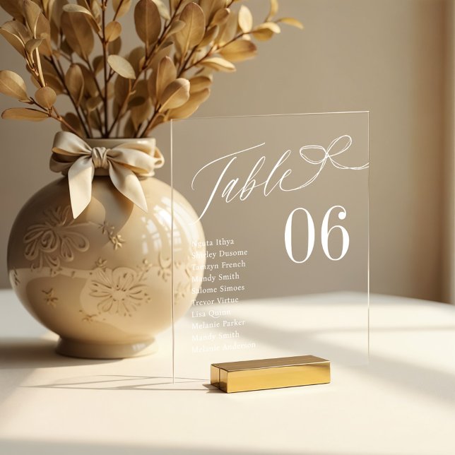 Panneau En Acrylique Sketch Bow Script Nom de l'invité Numéro de table  (Sketch Bow Script Guest Names Seating Table Number Acrylic Sign)