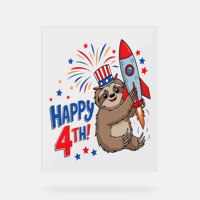 Panneau En Acrylique Sloth Happy 4th Rocket Fireworks USA (Recto)