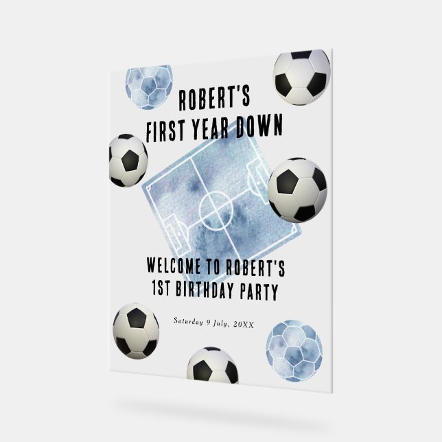 Panneau En Acrylique Soccer First Year Down 1st Birthday Party (Angle)