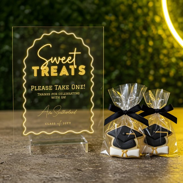 Panneau En Acrylique Soin sucré Arc Vavy Jaune Neon fête de graduation (Sweet Treat Wavy Arch Yellow Neon Graduation Party Acrylic Sign)