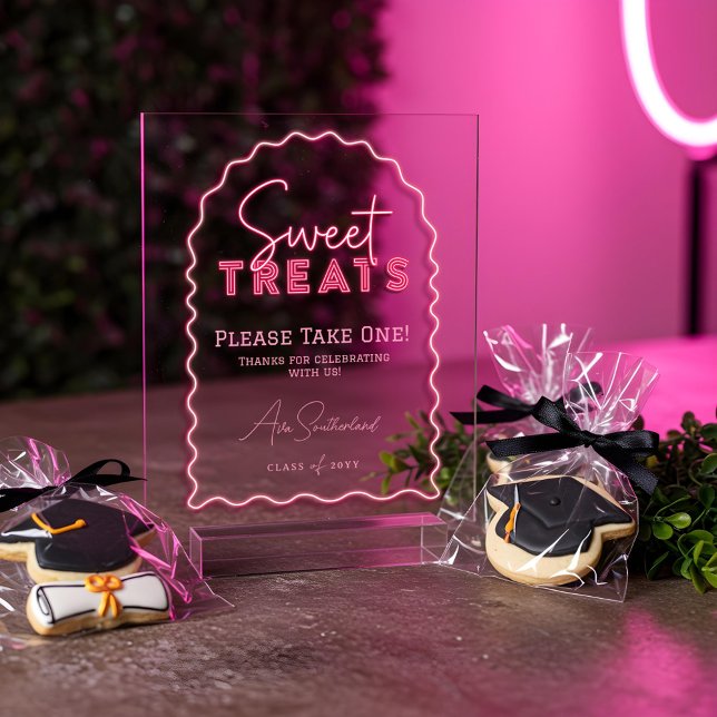 Panneau En Acrylique Soins sucrés Fête de Graduation Arch Rose Pink Neo (Sweet Treats Wavy Arch Pink Neon Graduation Party Acrylic Sign)