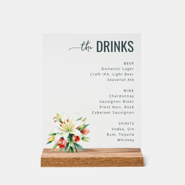Panneau En Acrylique Sophisticated Black Floral Beverage Menu (Recto)