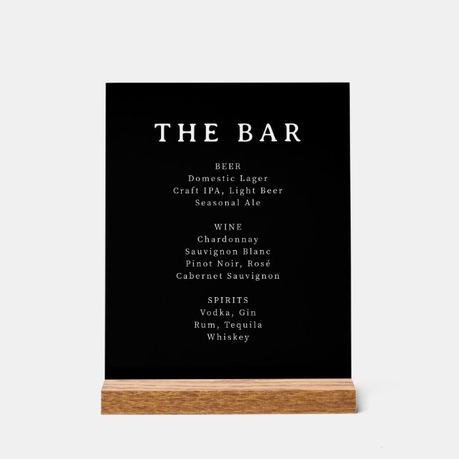 Panneau En Acrylique Sophisticated Black Serif Bar Menu Sign (Recto)