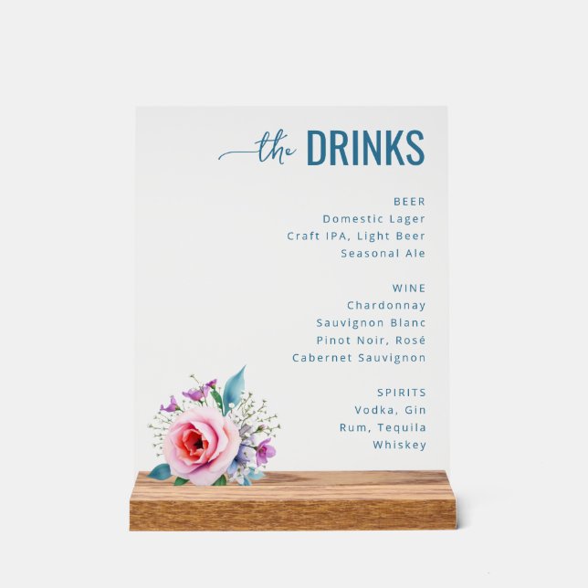 Panneau En Acrylique Sophisticated Blue Floral Beverage Menu (Recto)