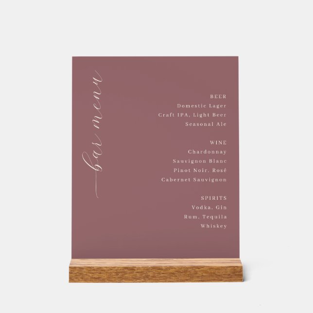 Panneau En Acrylique Sophisticated Maroon Minimalist Bar Menu (Recto)