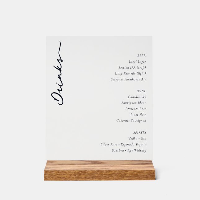 Panneau En Acrylique Sophisticated Minimalist Beverage Menu (Recto)