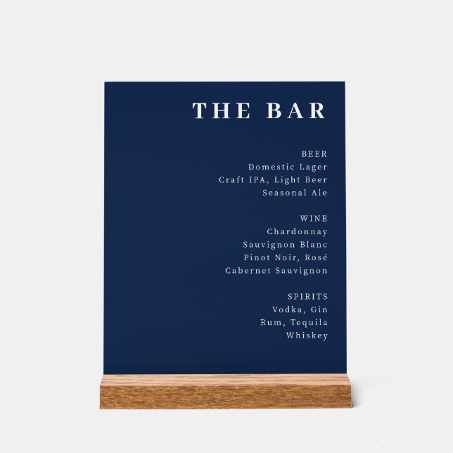 Panneau En Acrylique Sophisticated Navy Blue Typographic Bar Menu (Recto)