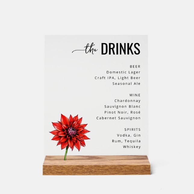 Panneau En Acrylique Sophisticated Red Floral Beverage Menu (Recto)
