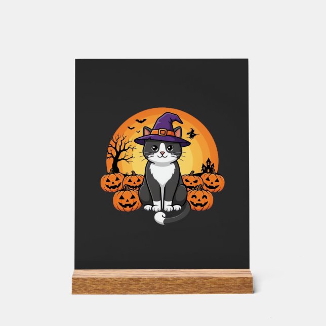 Panneau En Acrylique Sorcière de Halloween Chat Citrouille Lune Design_ (Recto)