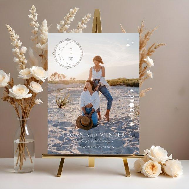 Panneau En Acrylique Stars de lune céleste Monogramme Mariage de bienve (Celestial Moon Stars Monogram Welcome Wedding Acrylic Sign)