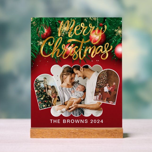 Panneau En Acrylique Style moderne Rouge or Noël Photo de famille (Neutre)