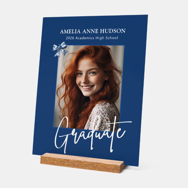 Panneau En Acrylique Stylish Script Photo Blue Graduation 2026 (Angle)