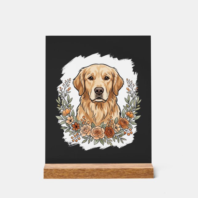 Panneau En Acrylique Sublimation Retriever Doré Floral (Recto)