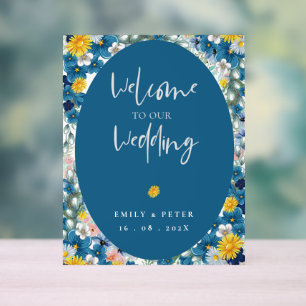 Panneau En Acrylique Sunflower Bleu Jaune Bienvenue À Notre Mariage
