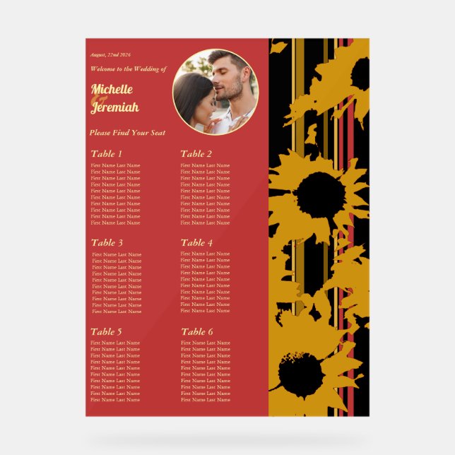 Panneau En Acrylique Sunflower Sunset Coral Gold Wedding Seat Chart (Recto)