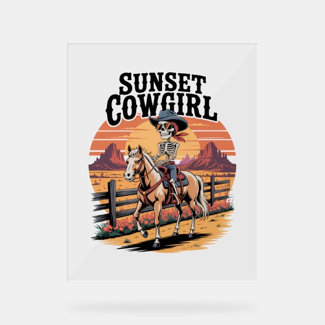 Panneau En Acrylique Sunset Cowgirl Skeleton équitation Cheval (Recto)