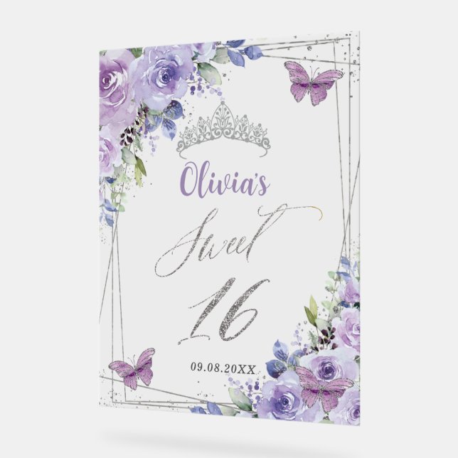 Panneau En Acrylique Sweet 16 Purple Lilac Floral Argent Bienvenue (Angle)