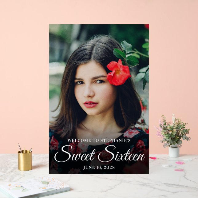 Panneau En Acrylique Sweet sixteen de script blanc élégant photo (Mariage)