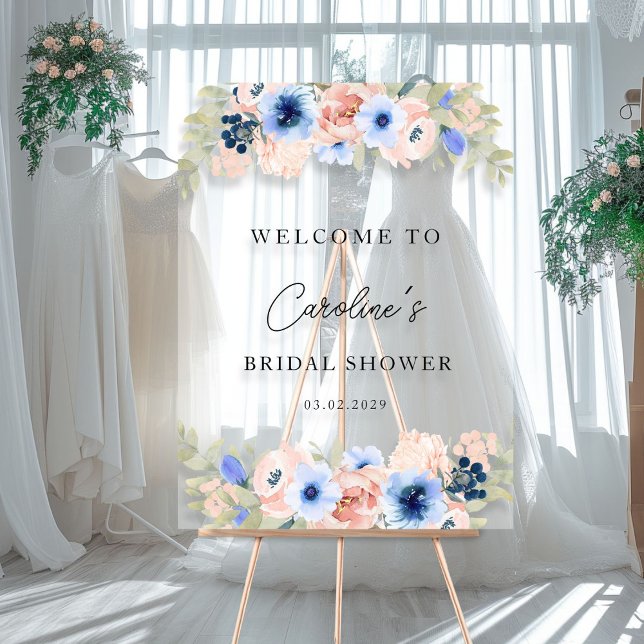 Panneau En Acrylique SYMBOLE ACrylique (Peach-Blue Floral, Bridal shower acrylic sign with your name and date-)