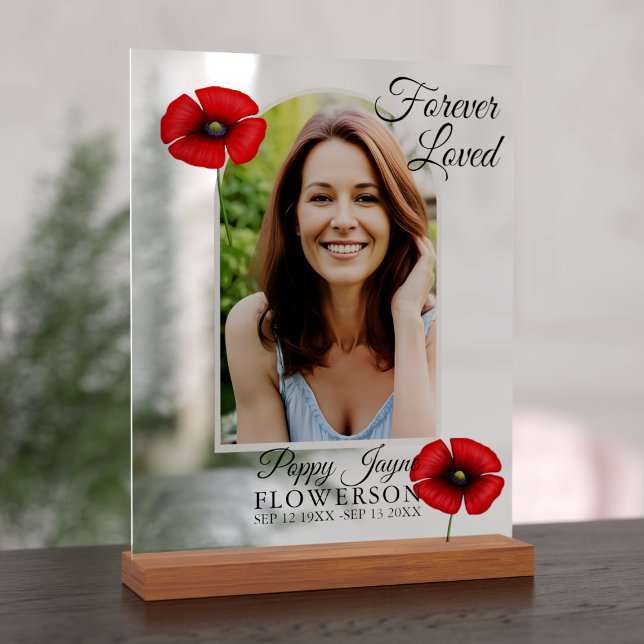 Panneau En Acrylique Symbole acrylique de la photo commémorative funéra (Add your beloved's photo and special dates to this poppy memorial acrylic sign)