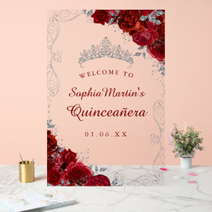 Panneau En Acrylique Symbole acrylique de Quinceanera Floral Argent Rou