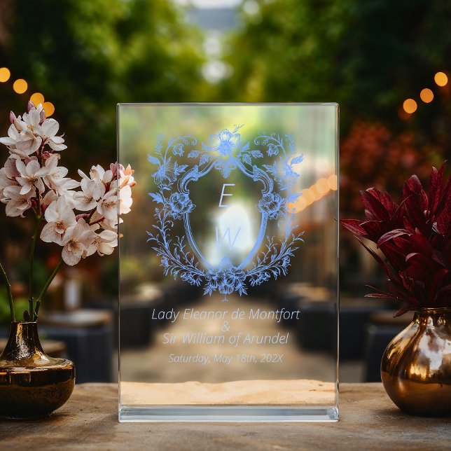 Panneau En Acrylique Symbole Mariage du monogramme en lin bleu orange (Ornate Linen Blue Crest Monogram Wedding Sign)