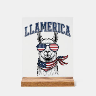 Panneau En Acrylique T-Shir Llamerica Llama Patriotique Gravure Vintage