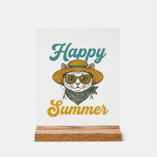 Panneau En Acrylique T-shirt design vintage gravure chat d'été heureux_