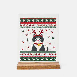Panneau En Acrylique T-Shirt Sweat Noël Chat Renne Pull de Noël Laid