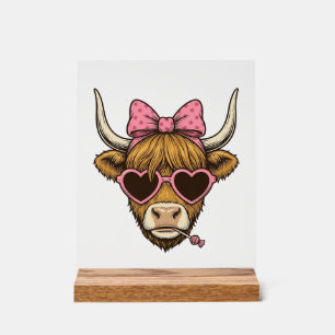 Panneau En Acrylique T-shirt vintage Cute Highland Cow Heart Lunettes D