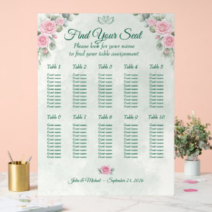 Panneau En Acrylique Tableau de Mariage Vert Émeraude & Rose Fardée
