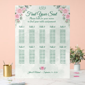 Panneau En Acrylique Tableau de Mariage Vert Émeraude & Rose Fardée