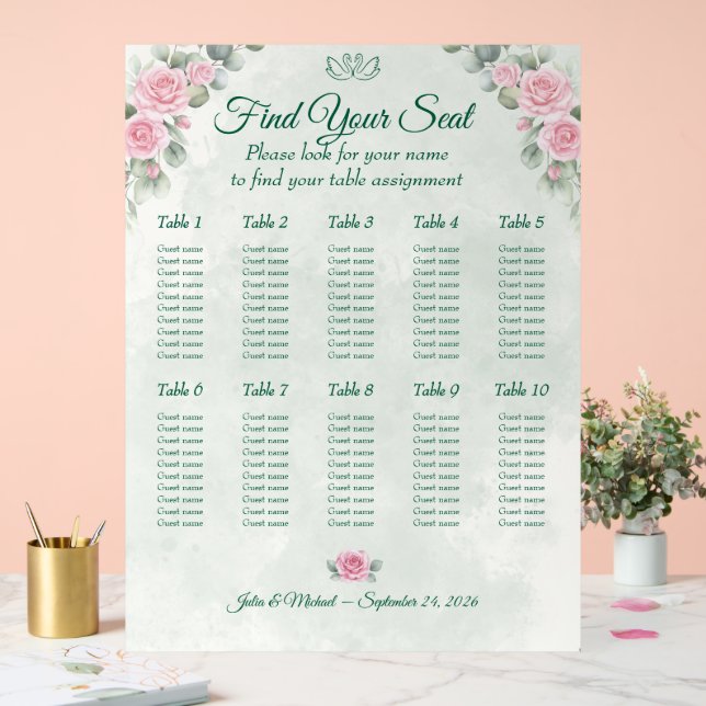 Panneau En Acrylique Tableau de Mariage Vert Émeraude & Rose Fardée (Mariage)