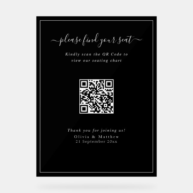 Panneau En Acrylique Tableau de Siège Code QR de Mariage Noir Moderne e (Recto)