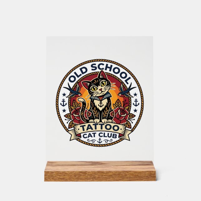 Panneau En Acrylique Tatouage École Ancienne Chat Mignon Design - École (Recto)