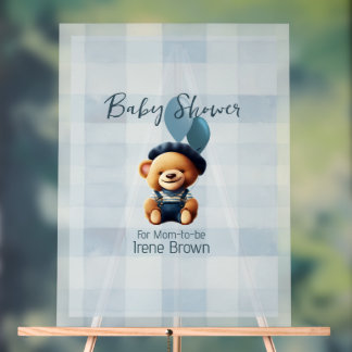 Panneau En Acrylique Teddy Bear Jean Baby shower Bleu