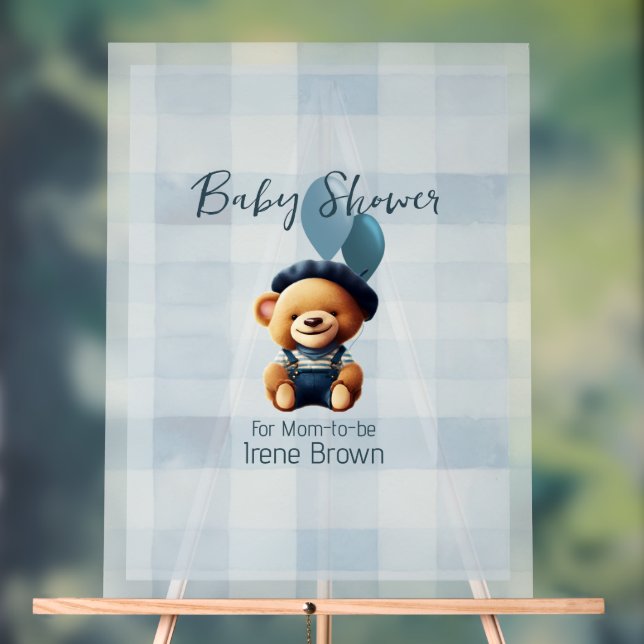 Panneau En Acrylique Teddy Bear Jean Baby shower Bleu (Neutre)