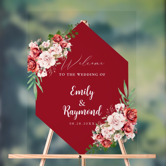 Panneau En Acrylique Terracotta Burgundy Blush Floral Wedding Welcome  (Neutre)