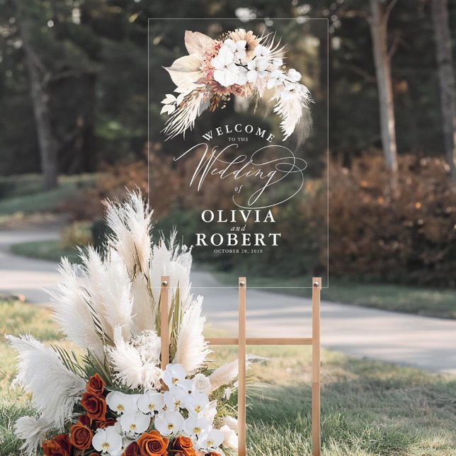 Panneau En Acrylique Terracotta et Boho blanc Mariage Floral Bienvenue (Boho Floral Wedding Welcome Transparent Acrylic Sign)
